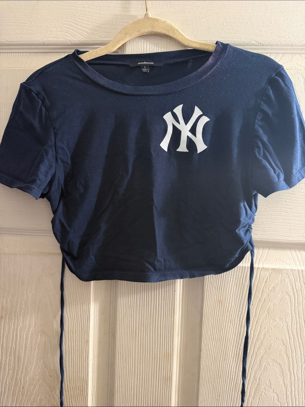 Navy Crop Top with White Logo - Women's Drawstring Tee